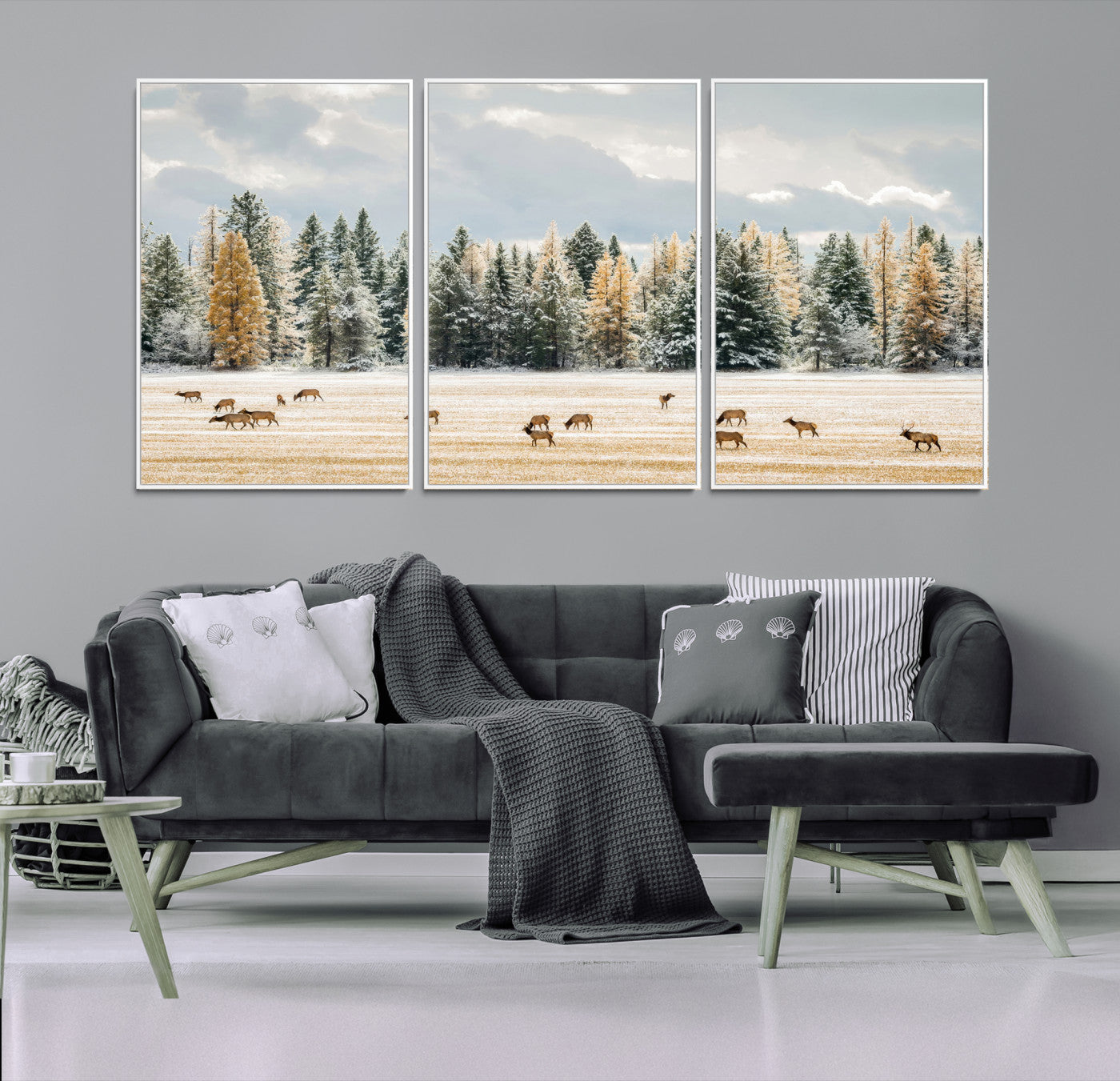 Elk Herd Wall Art – Framed Snowy Forest Canvas Artwork,