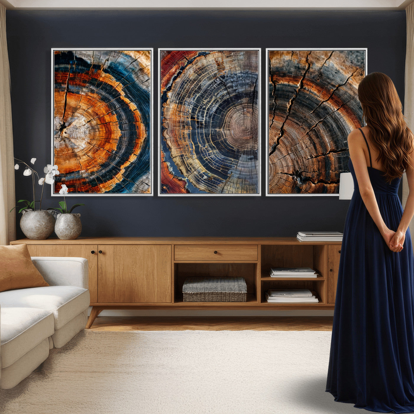 Tree Ring Canvas Wall Art, Wood Cross Section Triptych