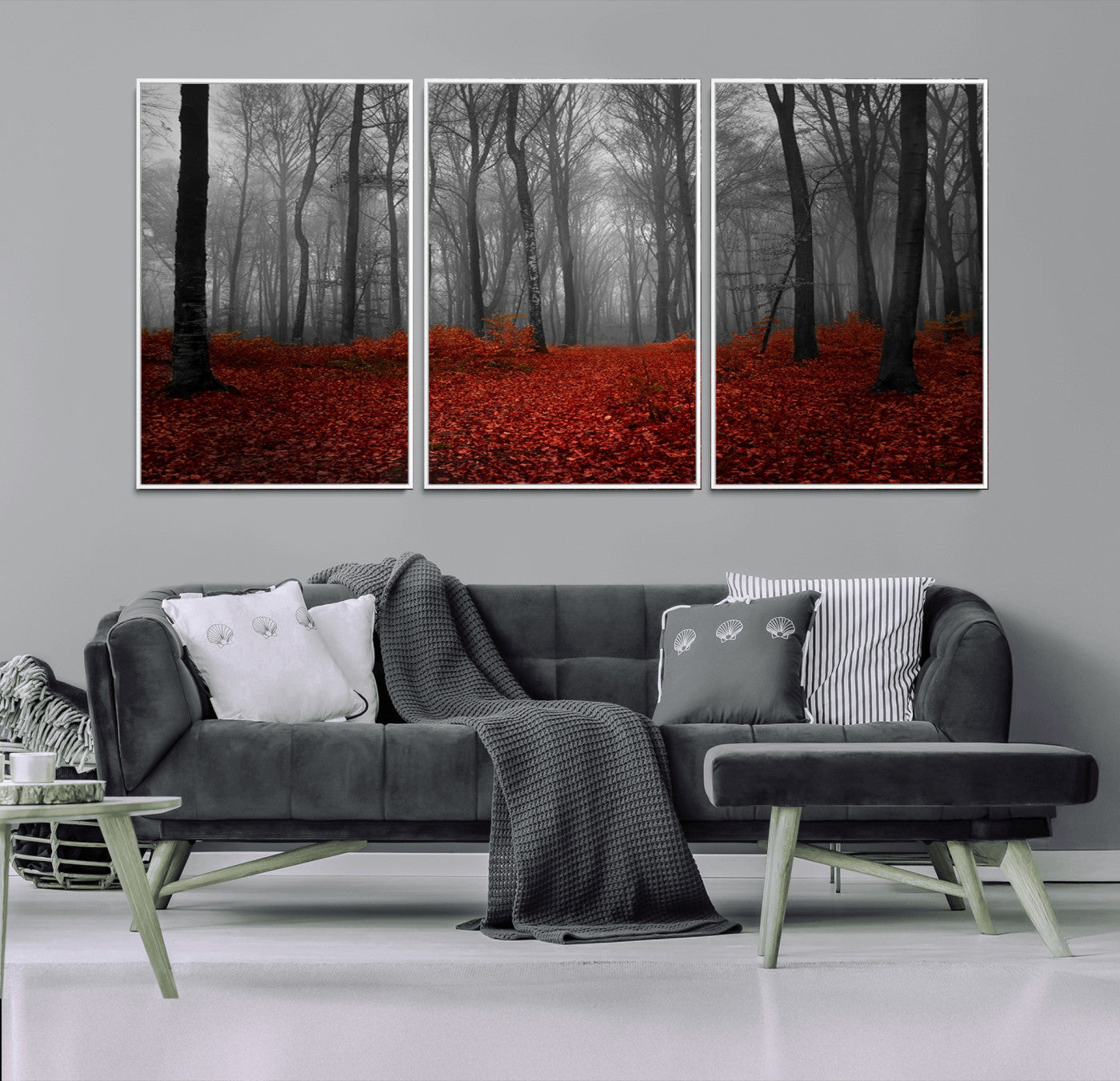 Red Forest Floor Canvas Wall Art – Mystical Foggy Woodland