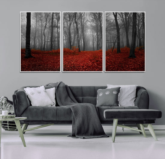 Red Forest Floor Canvas Wall Art – Mystical Foggy Woodland