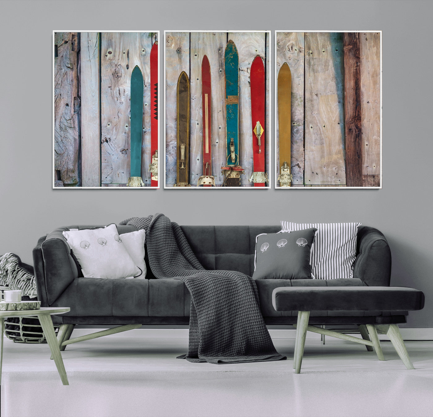 Vintage Wooden Weathered Ski's in Front of an Old Barn Wall