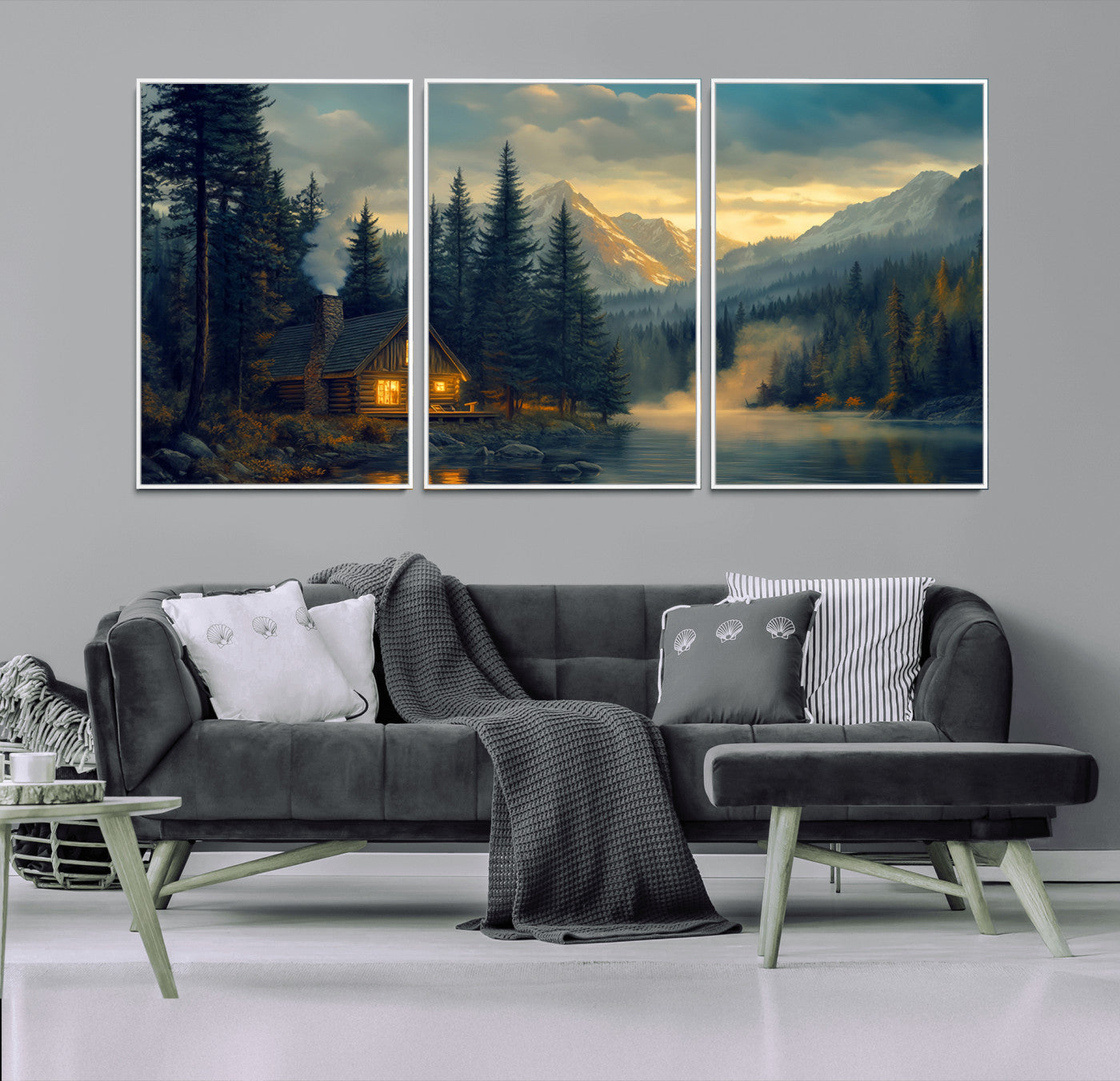 Mountain Cabin by the Lake at Sunset Wall Art - Serene