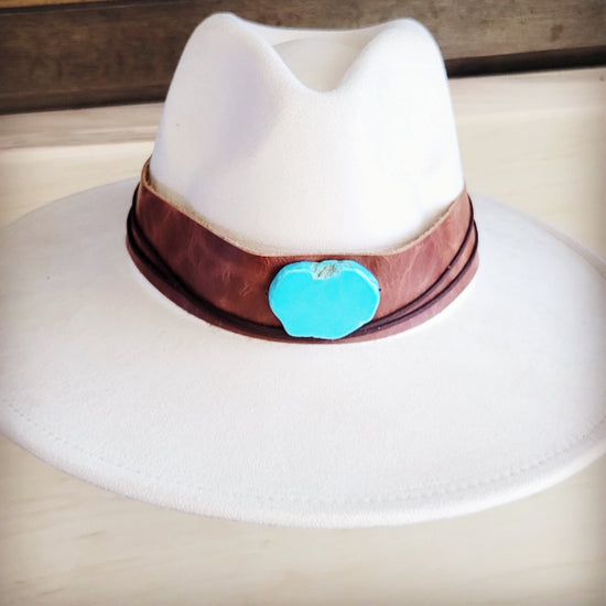 **Wide Genuine Leather Cognac Hat Band Only w/ Turq 954m