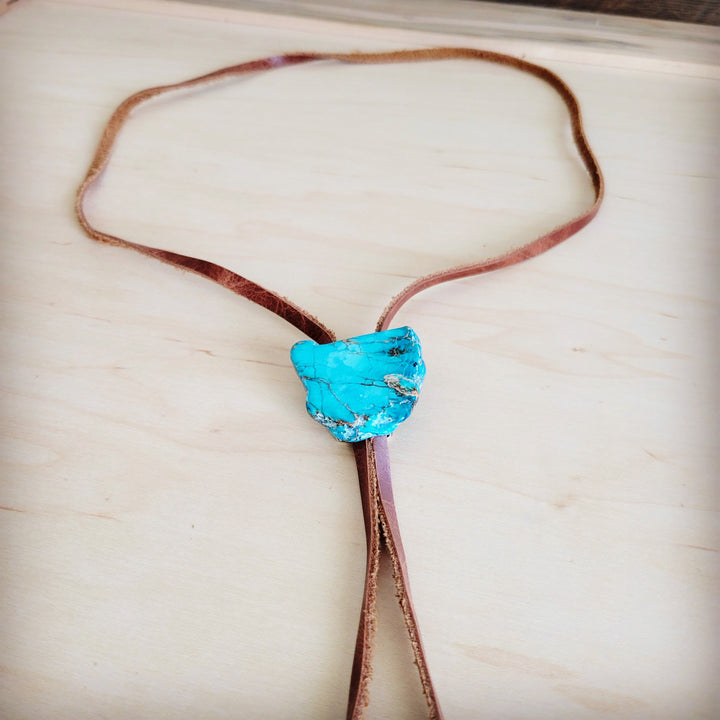 Leather Lariat Boho Necklace w/ Blue Regalite Slab Accent 264f