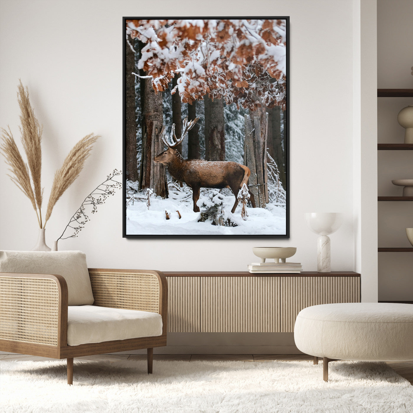 Winter Deer Landscape Wall Art Canvas Print – Serene Snowy