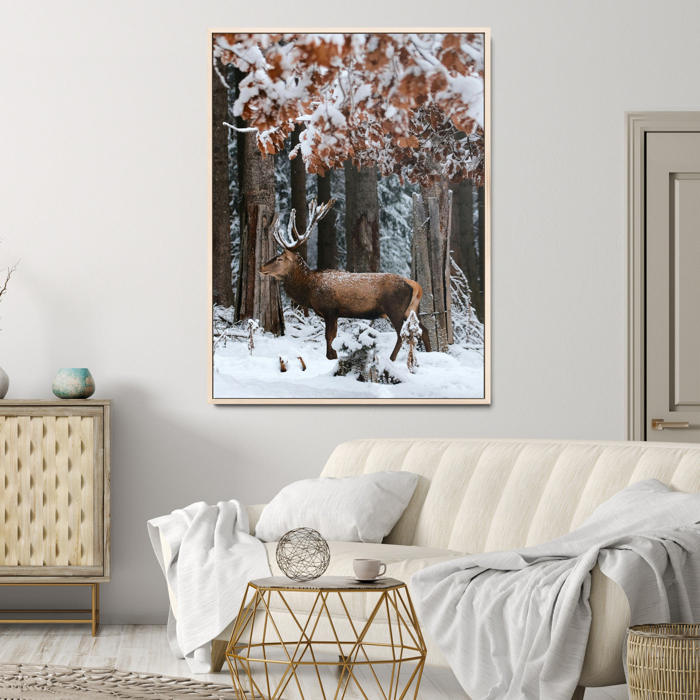 Winter Deer Landscape Wall Art Canvas Print – Serene Snowy