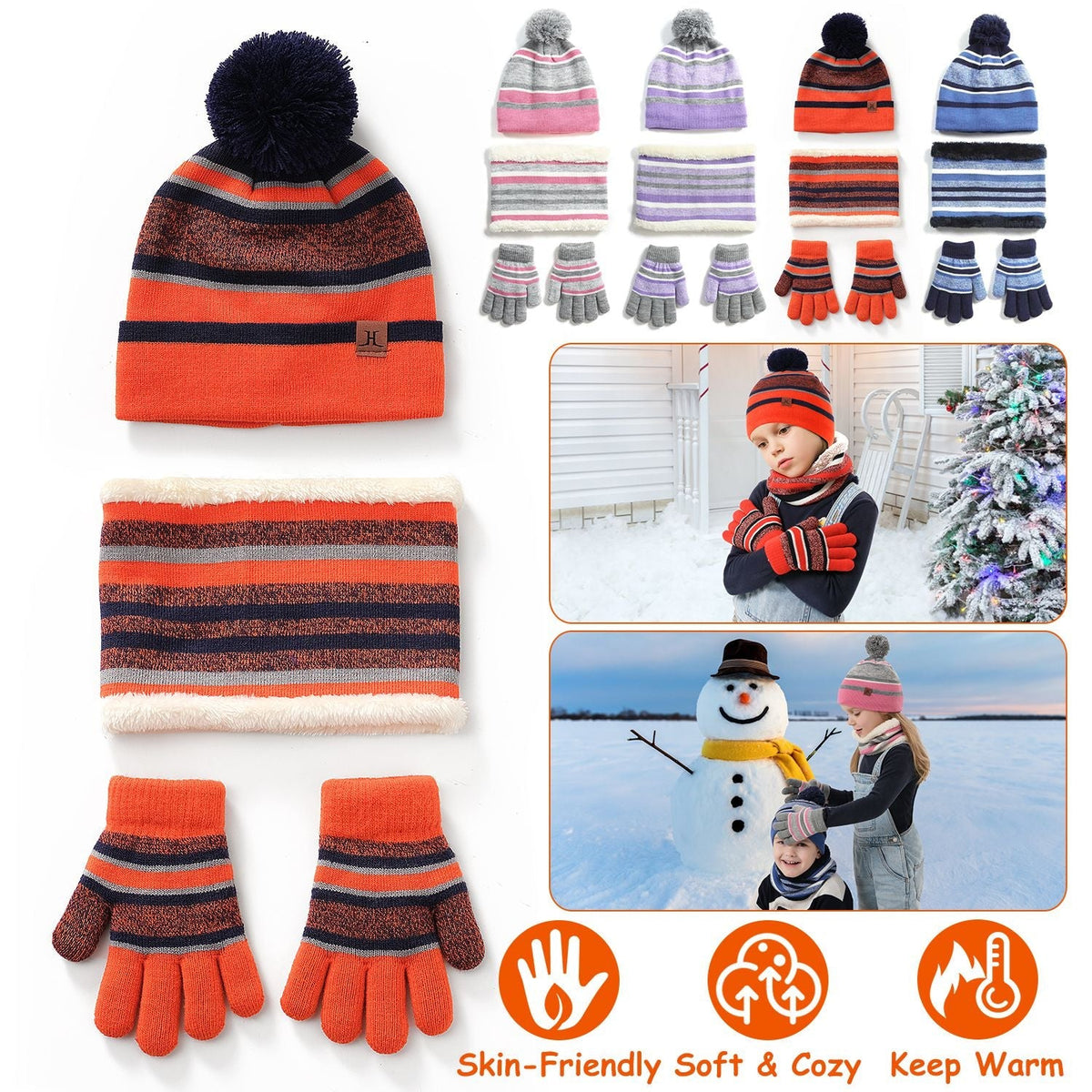 Winter Kids Knitted Hat Scarf Gloves 3Pcs Boys Girls Winter Warm Beanie Hat and Glove Scarf Set Beanie Neck Warmer Mittens for 4-7-Year-Old Kids