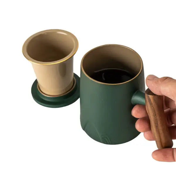 Porcelain Mug with Infuser & Wood Lid – 12 fl.oz. Japanese-Inspired Tea Cup