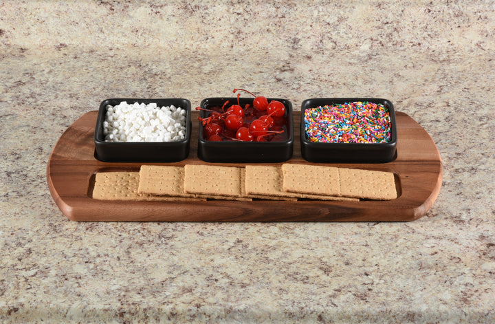 Charcuterie/ Serving Tray w/ 3  black square ceramic bowls