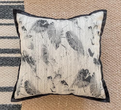 Art Style Leaf Feather Design Jacquard Throw Pillow Cover 18" W X 18" L – Black Woven Square Cushion Case for Couch, Sofa, Bedroom, Office and Living Room Décor