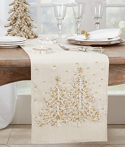 Festive Embroidered Christmas Tree Table Runner 14 x 72 Inch, holiday table linen for Christmas entertaining
