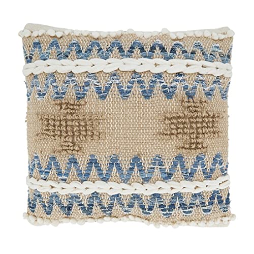 Multi Texture Chindi Cotton Jute Decorative Throw Pillow 18" W x 18" L - Natural Square Cushion for Home, Couch, Living Room, Bedroom, Office and Holiday Décor