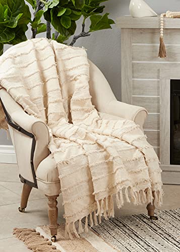 Boho Fringe Striped Cotton Throw Blanket with Tassel 50" W x 60" L – Natural Blanket for Couch, Bedroom and Living Room Décor