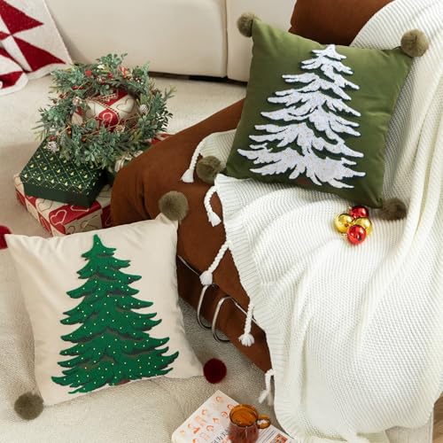 Fennco Styles Embroidered Christmas Tree Filled Throw Pillow with Pom Pom 18" W x 18" L - White Festive Cushion for Home, Christmas, Winter Holidays Décor, and Special Occasions