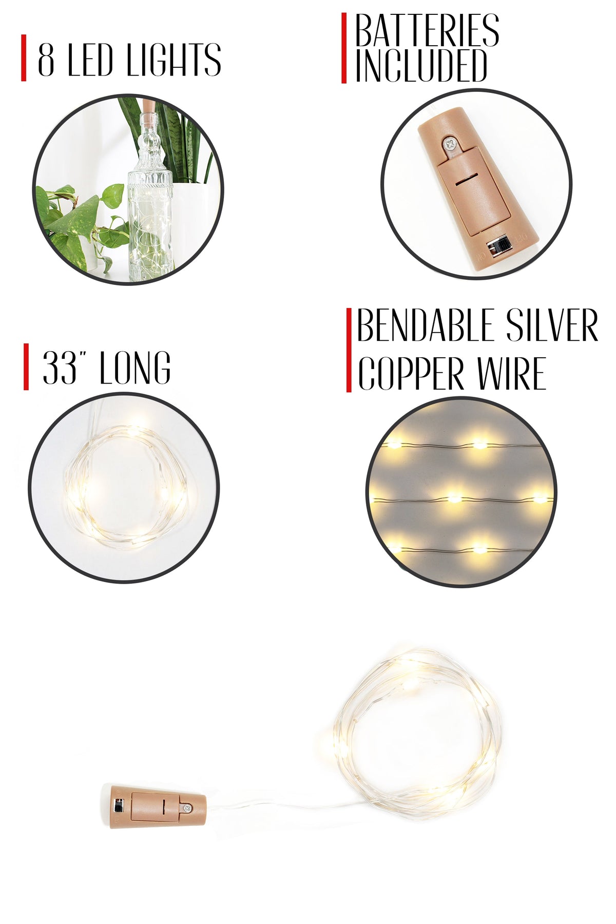 Pack of 10 Twinkle LED Bottle Cork Lights - Warm White (Bottle Not Included)