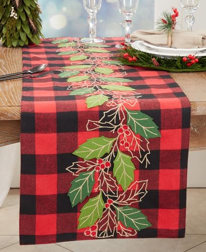 Buffalo Plaid Holly Leaves Red Table Runner 16" W x 70" L — decorative tabletop piece for home entertaining seasonal decorating choice