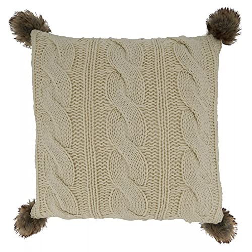 Fennco Styles Classic Cable Knitted Pom Pom Decorative Throw Pillow 18" W x 18" L – Grey Textured Cushion for Home, Couch, Sofa, Bedroom, Office Décor and Special Occasion