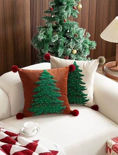 Fennco Styles Embroidered Christmas Tree Filled Throw Pillow with Pom Pom 18" W x 18" L - White Festive Cushion for Home, Christmas, Winter Holidays Décor, and Special Occasions