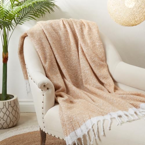 Faux Mohair Herringbone Throw Blanket 50" W x 60" L – Natural Cozy Fringe Blanket for Home, Couch, Bedroom, Living Room, Office, and Holiday Décor
