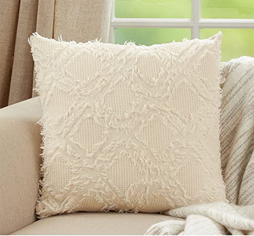 Waffle Weave Fringe Reversible Cotton Decorative Throw Pillow 22" W x 22" L - Ivory Woven Square Cushion for Home, Couch, Living Room, Bedroom, Office Décor