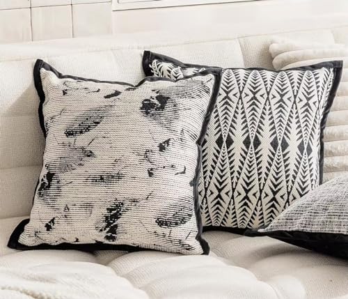Art Style Leaf Feather Design Jacquard Throw Pillow Cover 18" W X 18" L – Black Woven Square Cushion Case for Couch, Sofa, Bedroom, Office and Living Room Décor