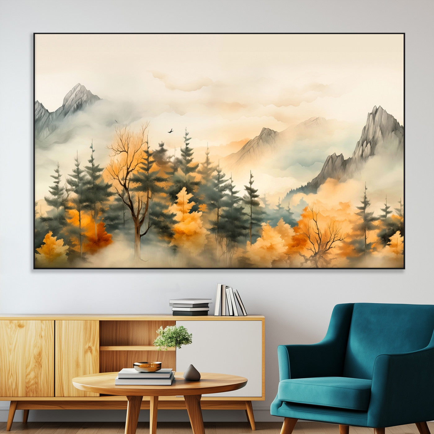 Abstract Watercolor Mountains and Trees Autumn Art,