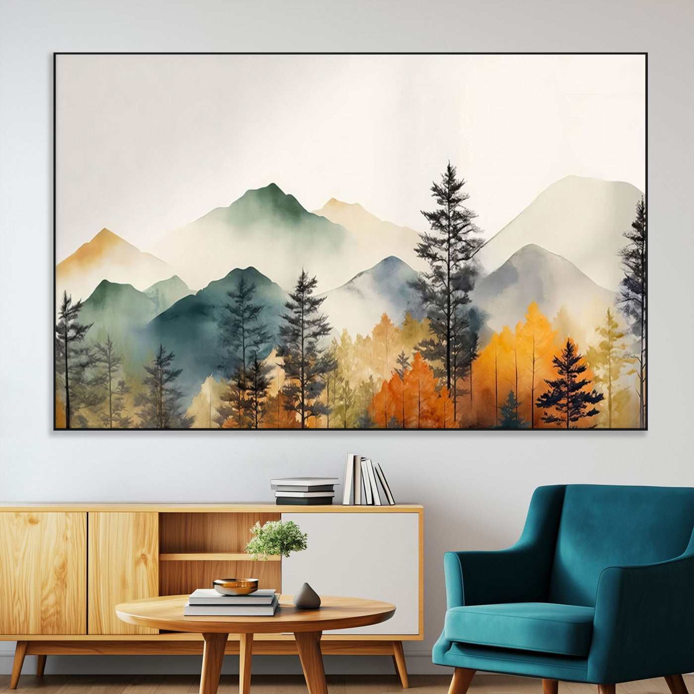 Abstract Watercolor Mountains and Trees Autumn Wall Art,