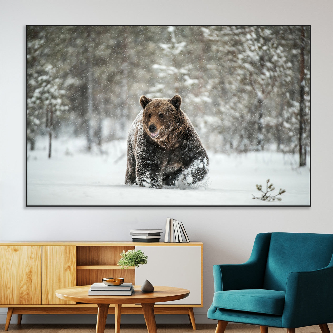 Grizzly Bear Wall Art – Framed Snowy Forest Canvas Artwork,