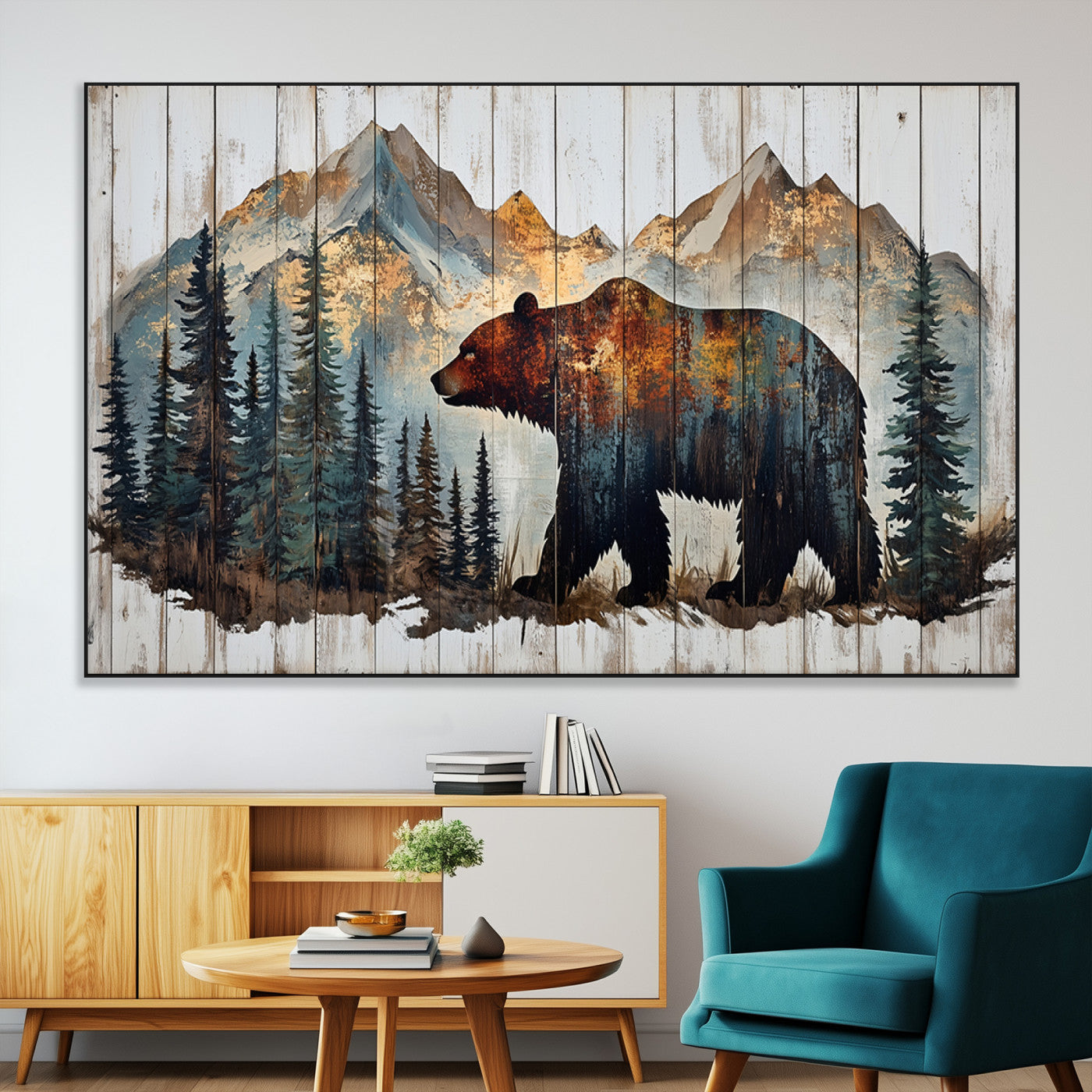 Rustic Grizzly 399 Bear and Mountain Wood Canvas Wall Art -