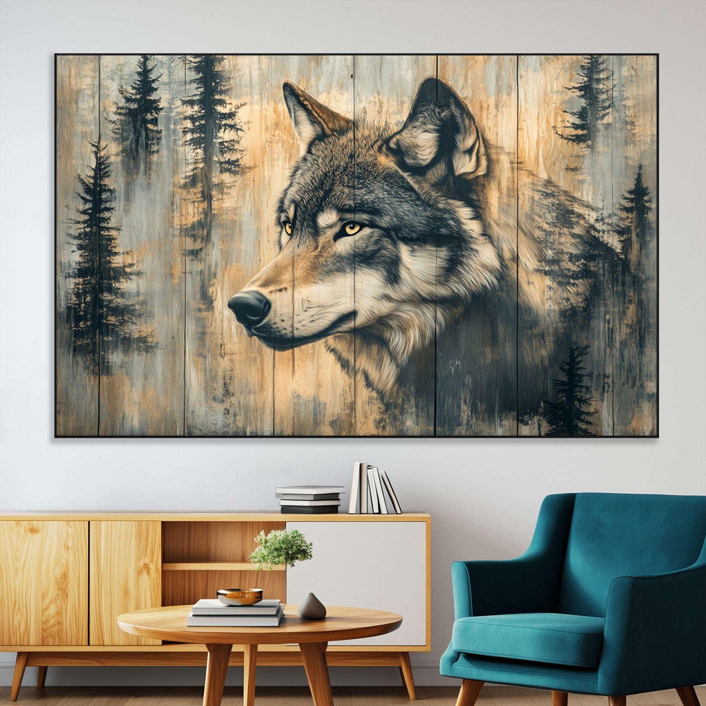 Wood Style Rustic Wolf Wall Art Canvas Print, Vintage