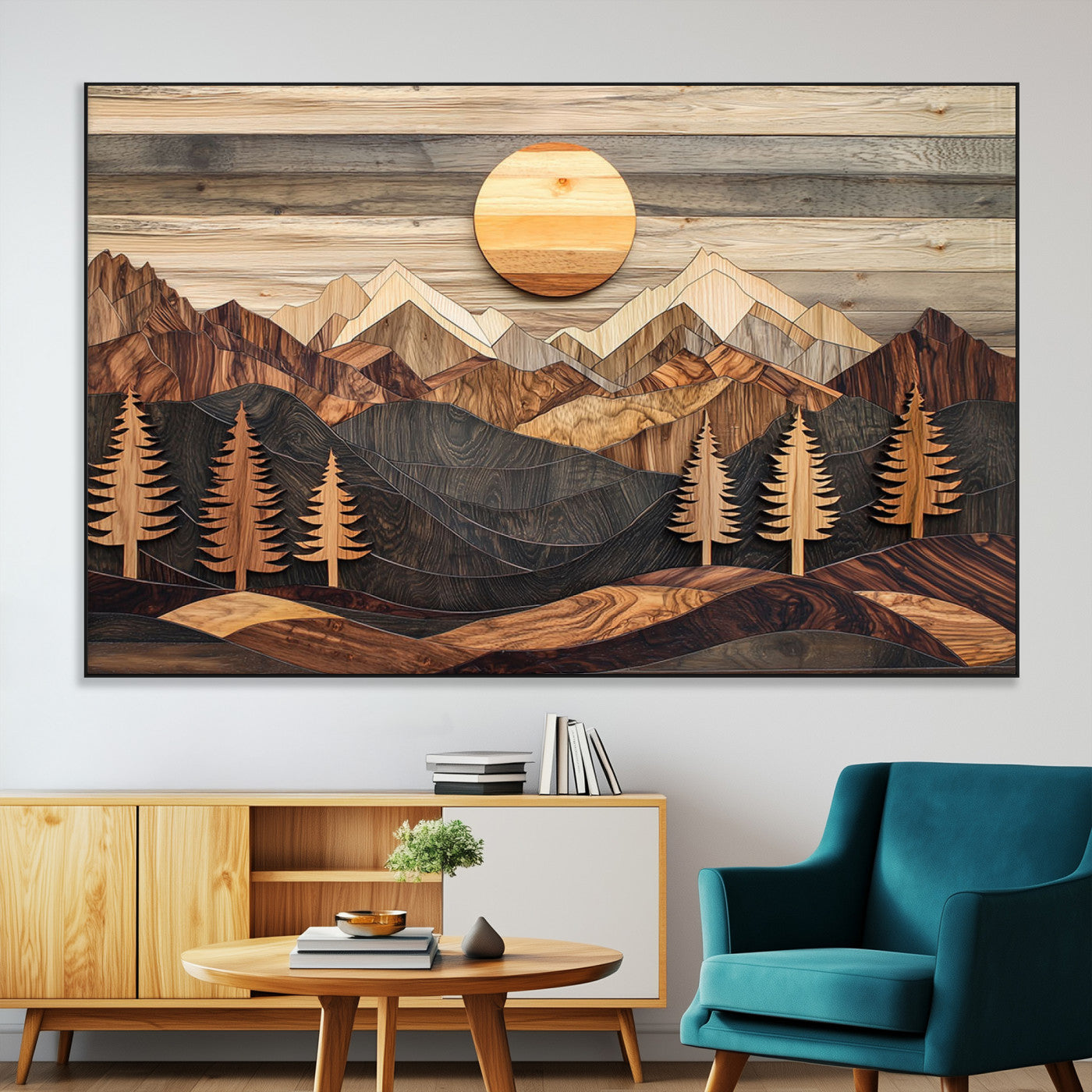 Wooden Mountain Layers Art – Rustic Pine Tree Landscape