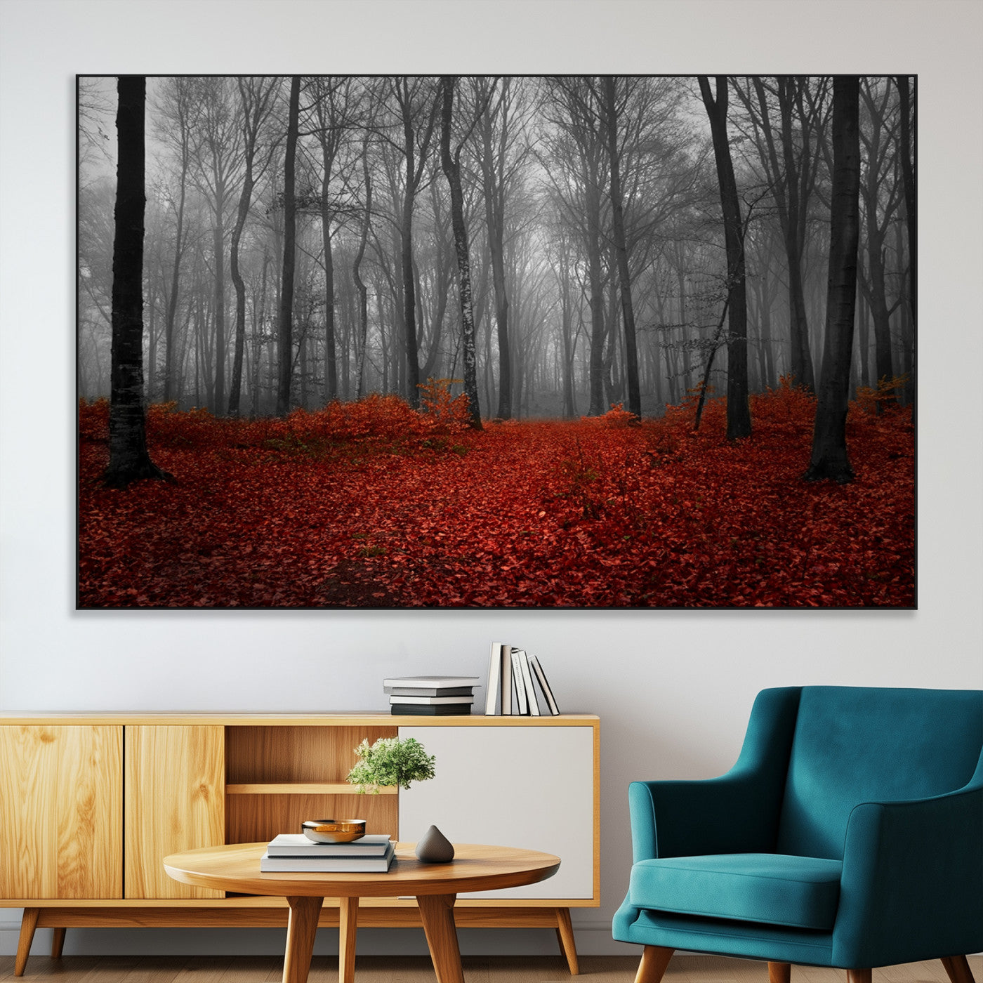 Red Forest Floor Canvas Wall Art – Mystical Foggy Woodland