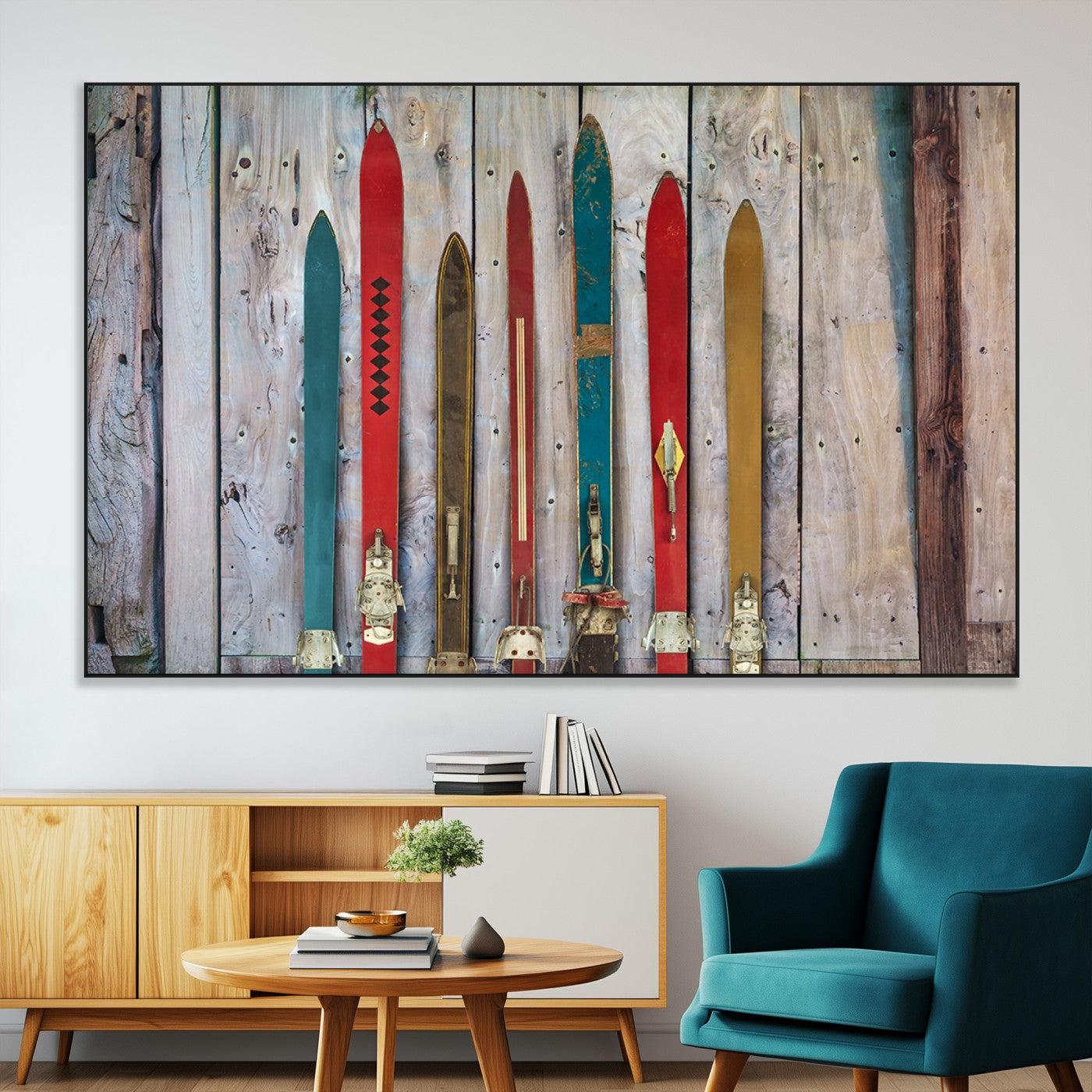 Vintage Wooden Weathered Ski's in Front of an Old Barn Wall