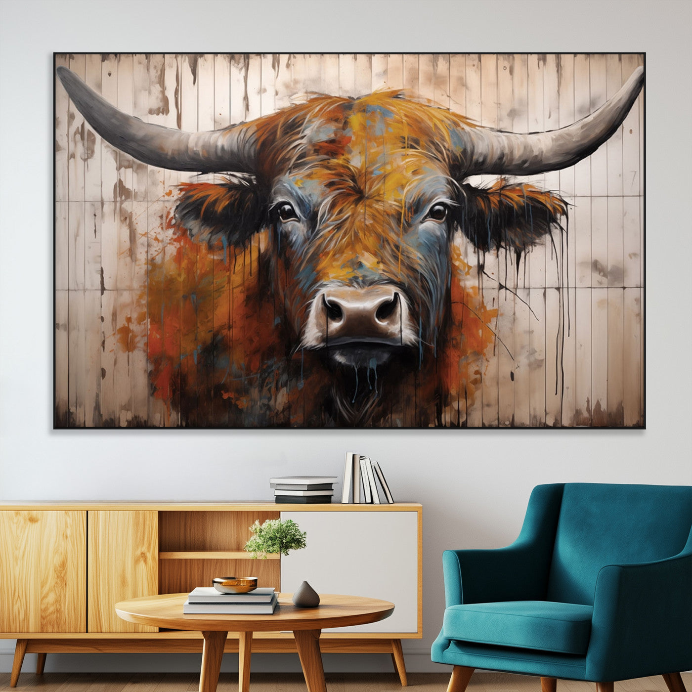 Scottish Highland Cow Cattle Art Print on Wood Style