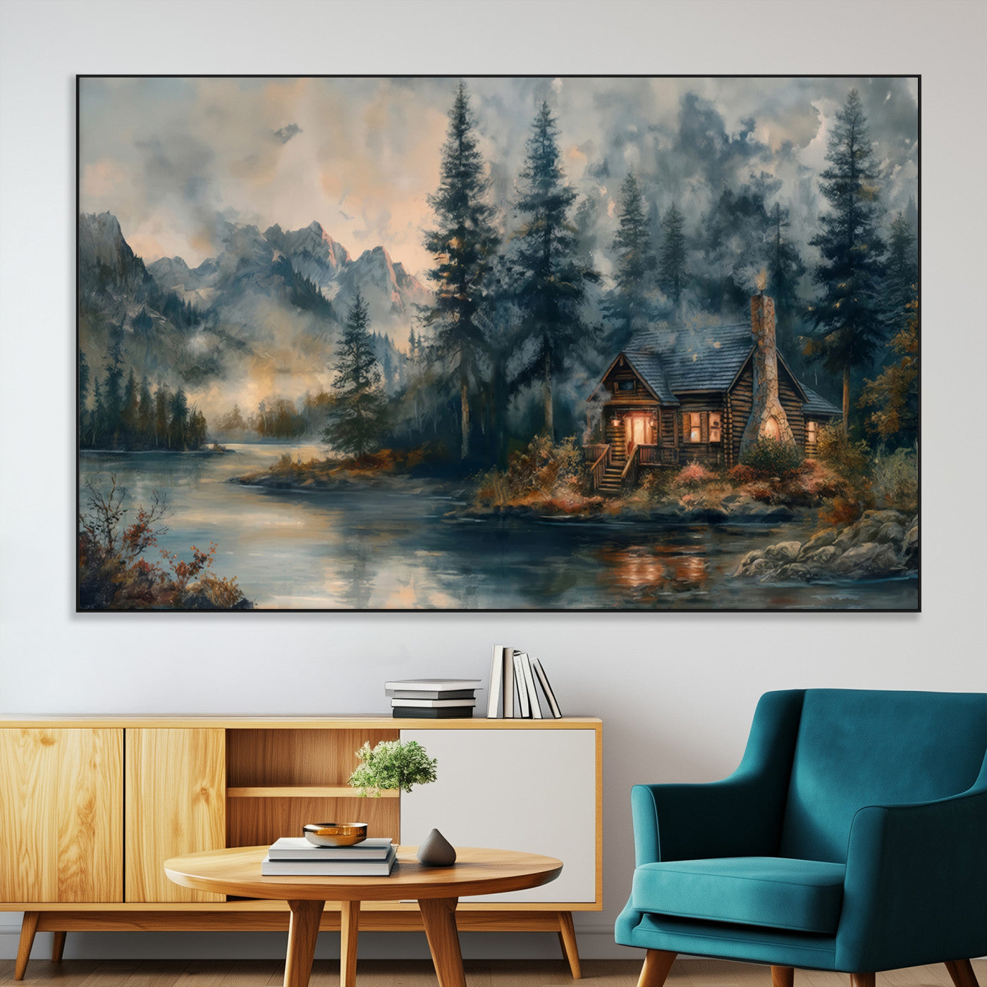 Rustic Cabin Woods Wall Art Print | Lake in a Forest Canvas