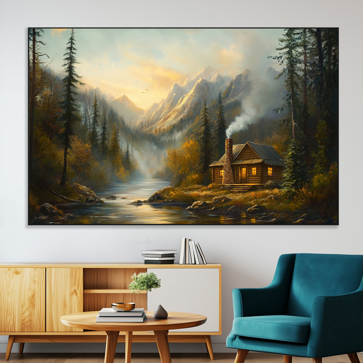 Wood Cabin Retreat Mountain at Sunset Wall Art Print -