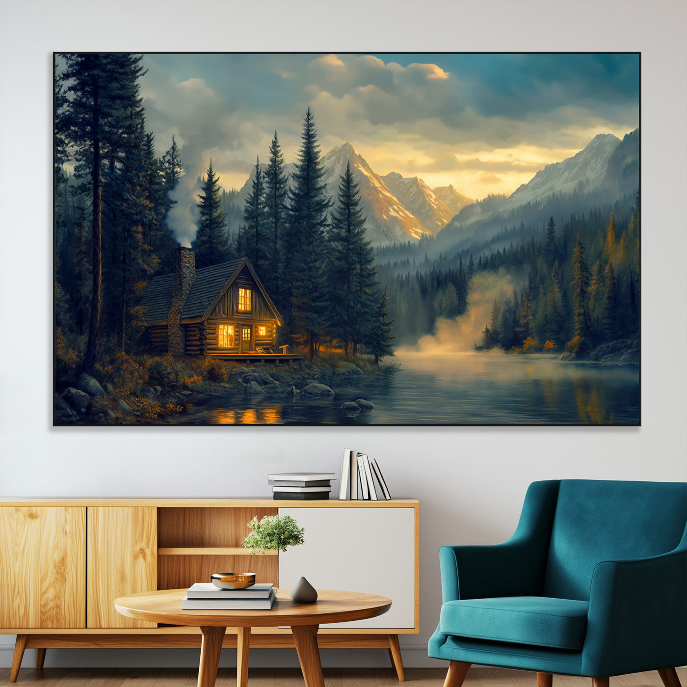 Mountain Cabin by the Lake at Sunset Wall Art - Serene