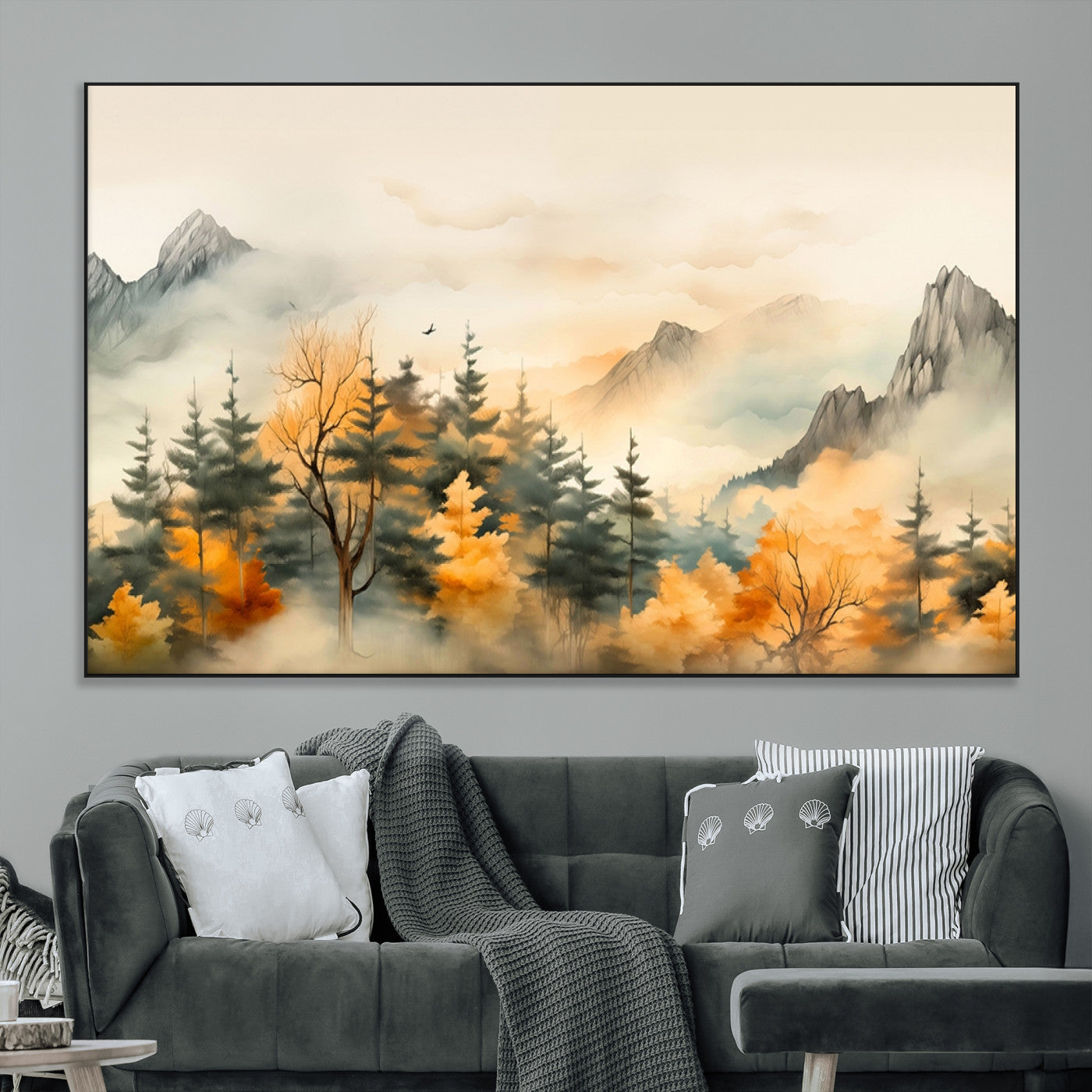Abstract Watercolor Mountains and Trees Autumn Art,