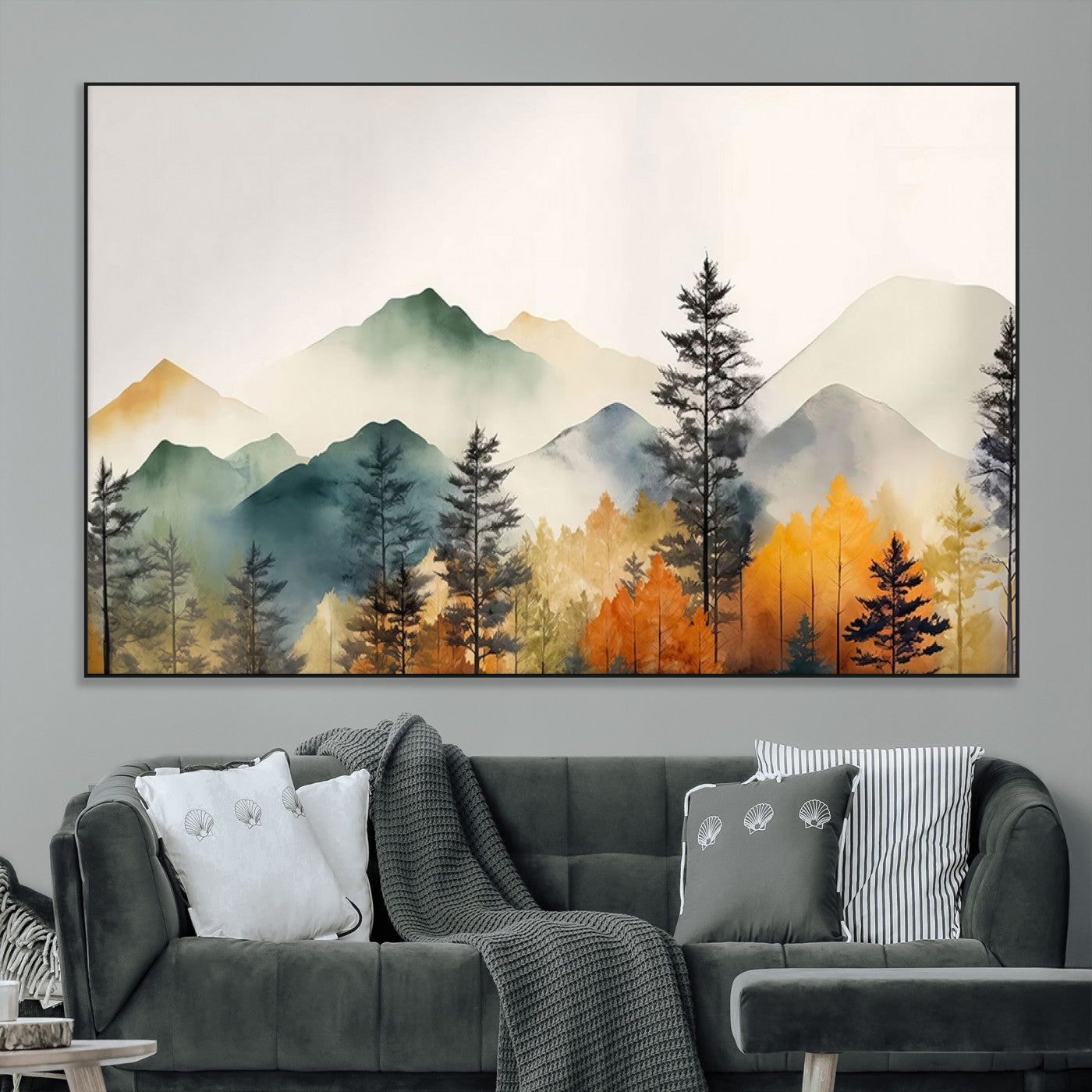 Abstract Watercolor Mountains and Trees Autumn Wall Art,