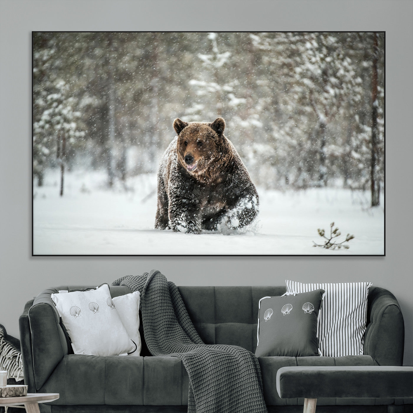 Grizzly Bear Wall Art – Framed Snowy Forest Canvas Artwork,