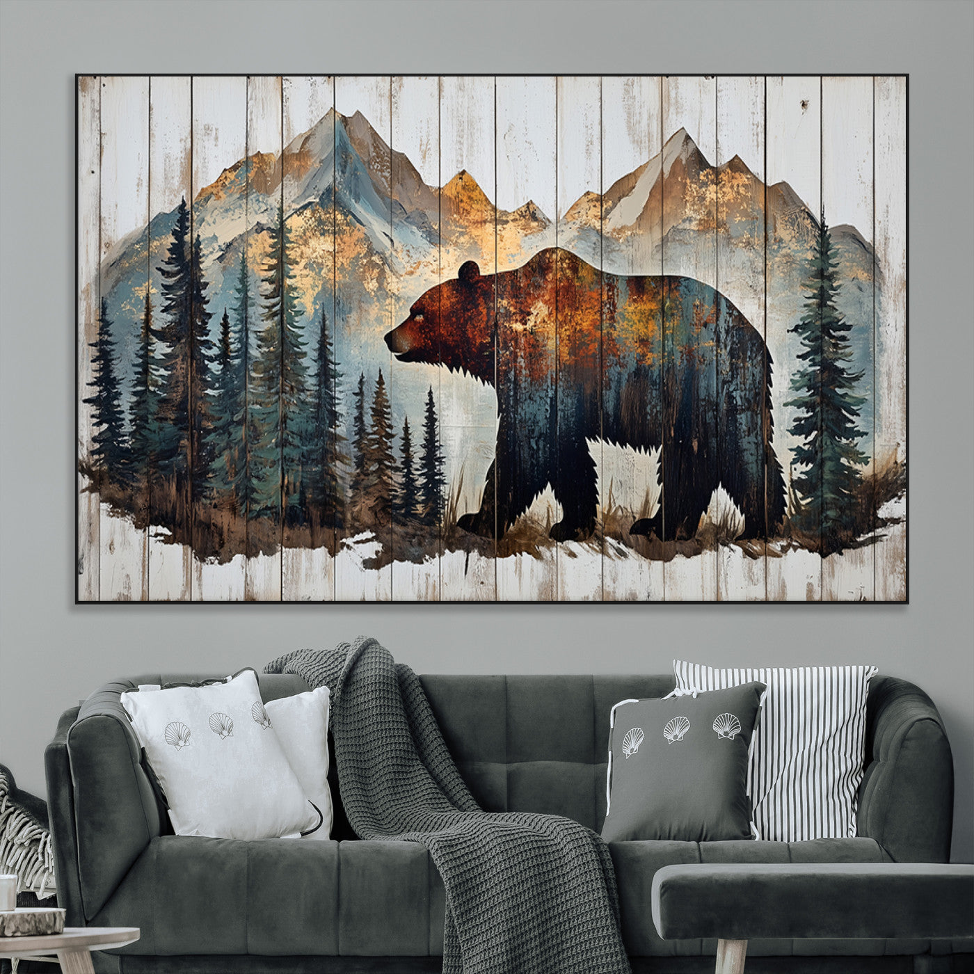 Rustic Grizzly 399 Bear and Mountain Wood Canvas Wall Art -