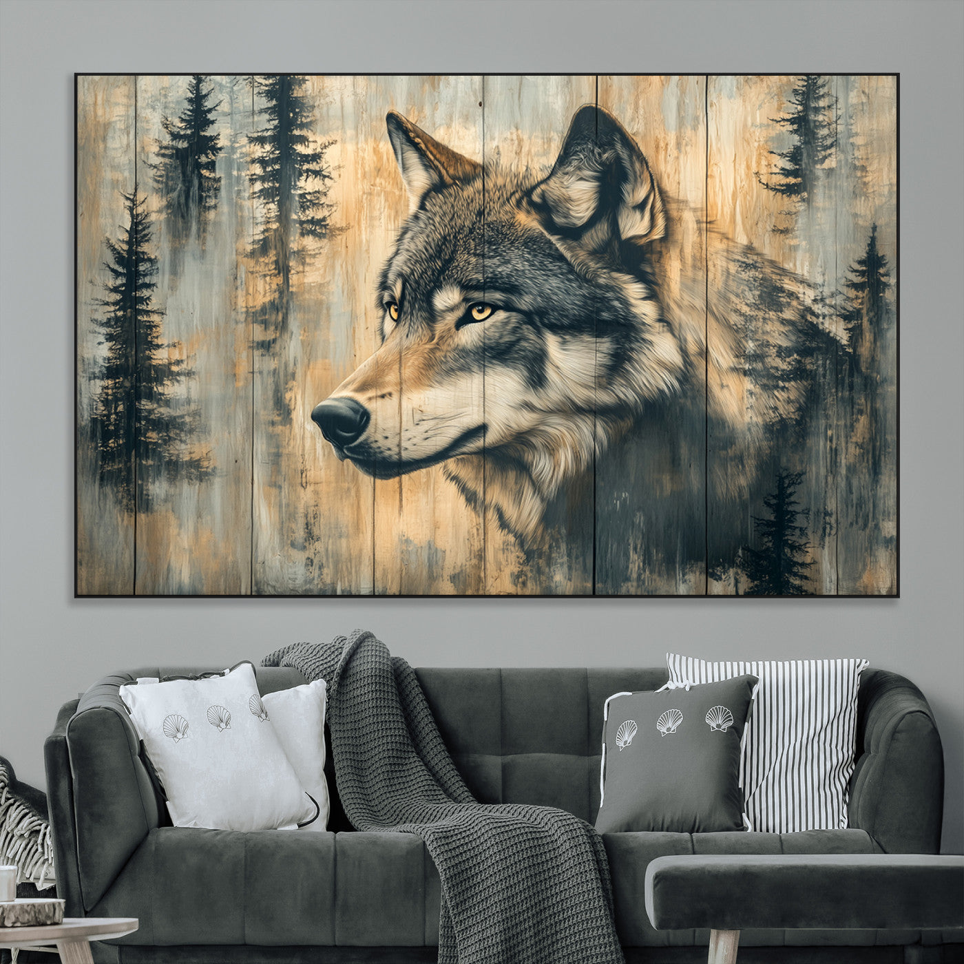 Wood Style Rustic Wolf Wall Art Canvas Print, Vintage