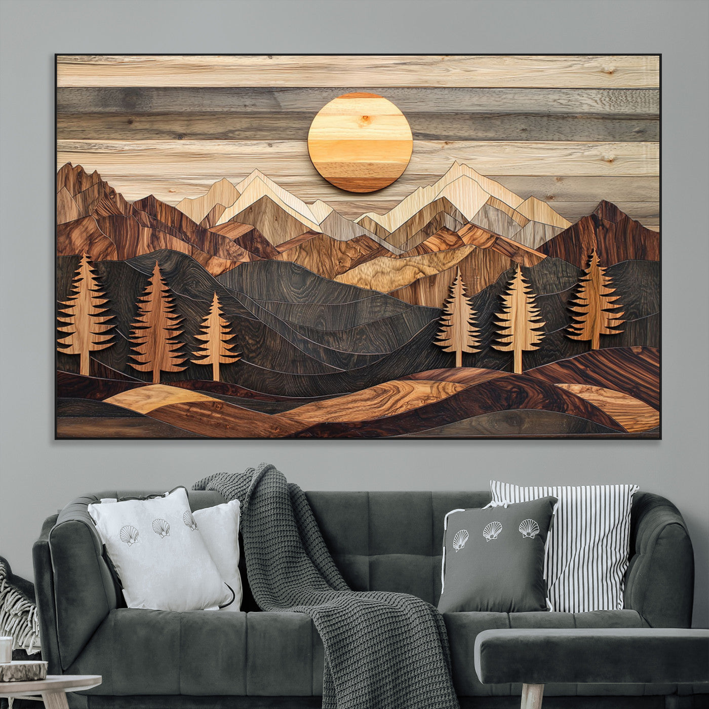 Wooden Mountain Layers Art – Rustic Pine Tree Landscape
