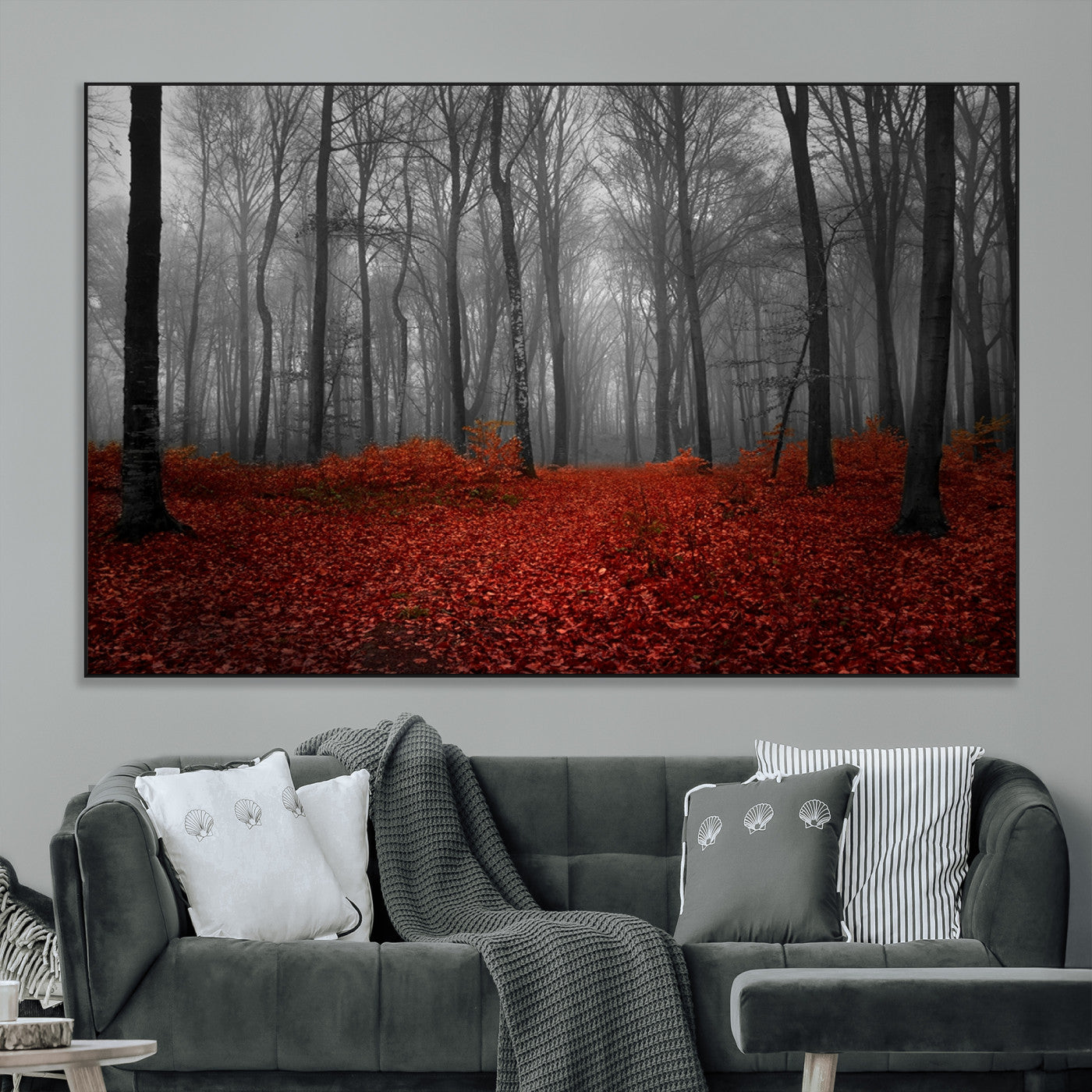 Red Forest Floor Canvas Wall Art – Mystical Foggy Woodland