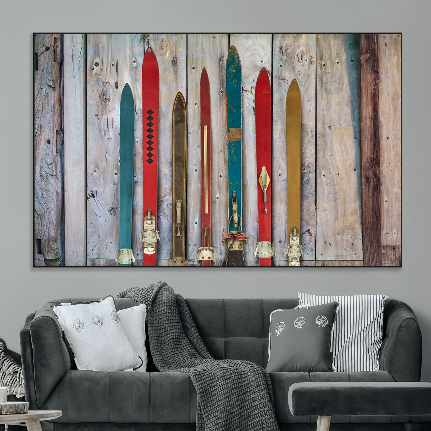 Vintage Wooden Weathered Ski's in Front of an Old Barn Wall