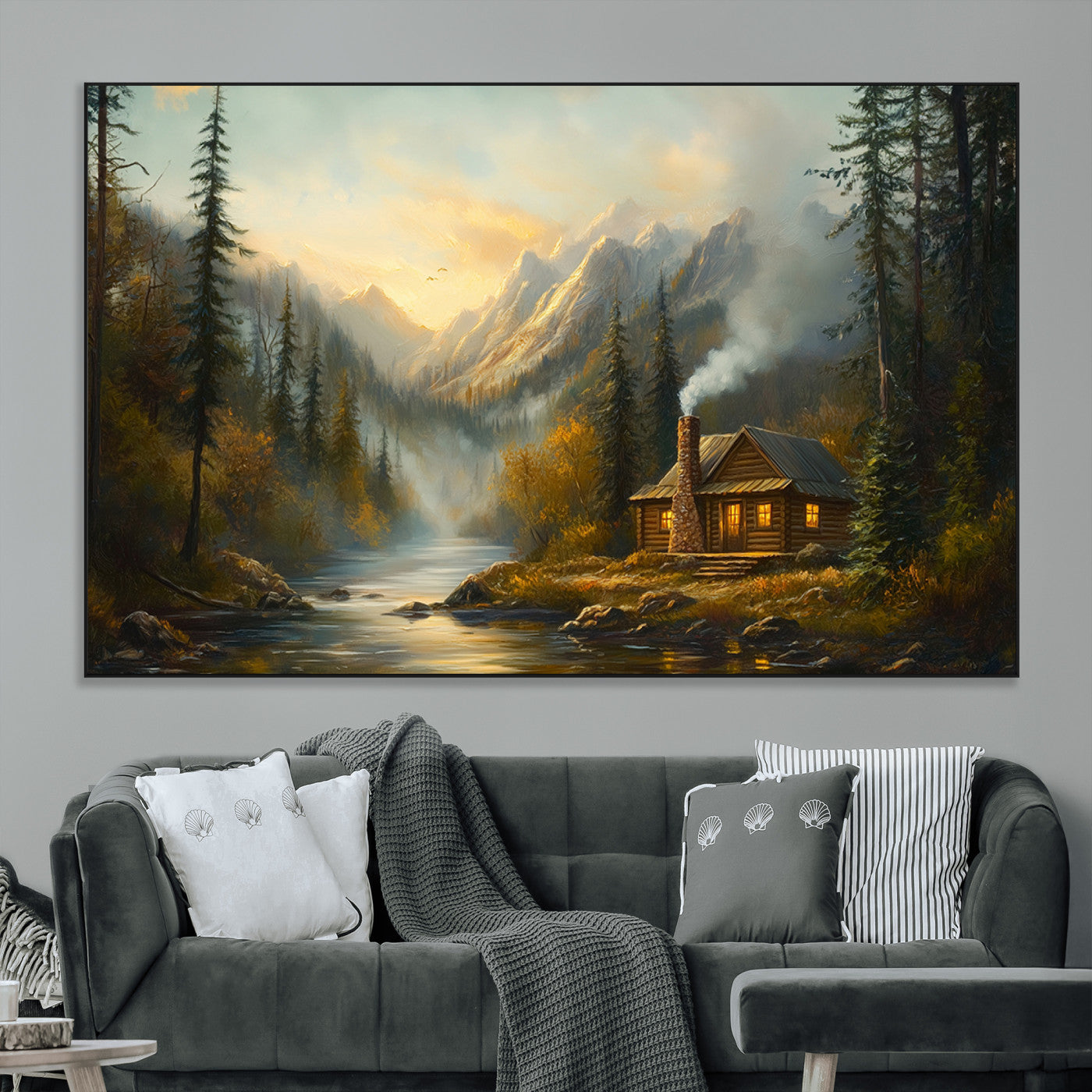 Wood Cabin Retreat Mountain at Sunset Wall Art Print -
