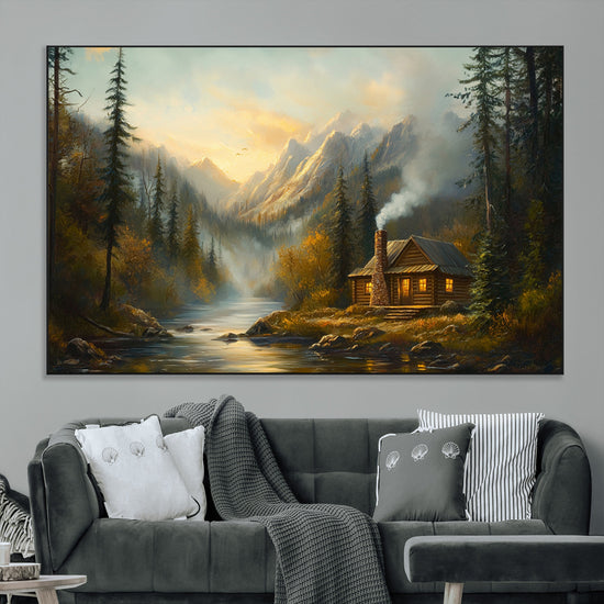 Wood Cabin Retreat Mountain at Sunset Wall Art Print -