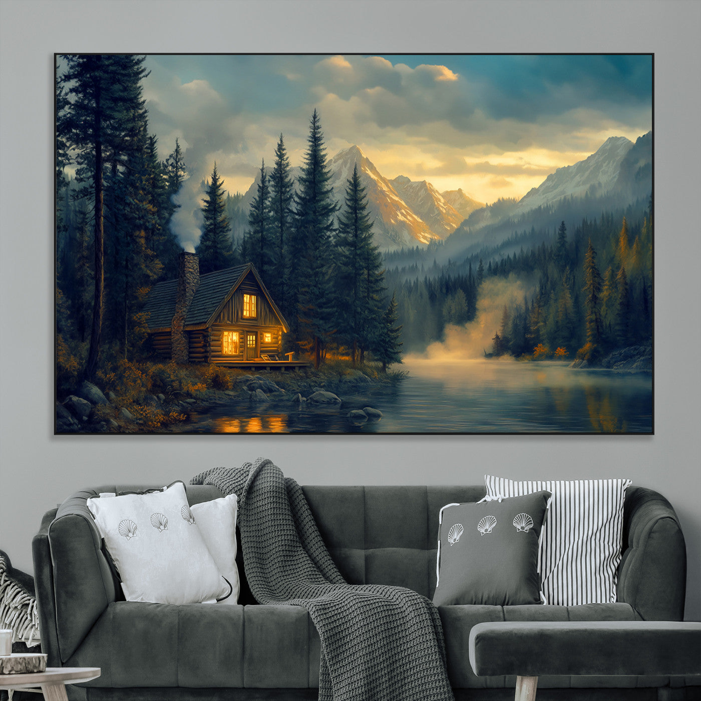 Mountain Cabin by the Lake at Sunset Wall Art - Serene
