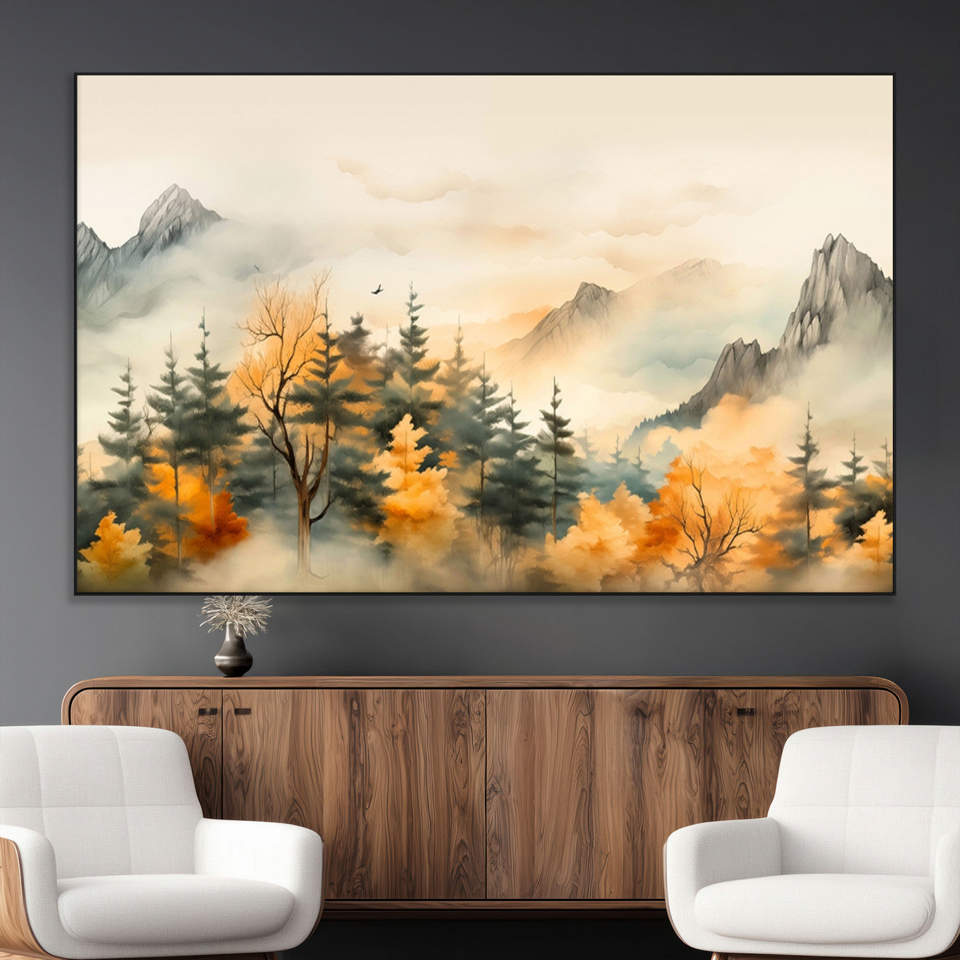 Abstract Watercolor Mountains and Trees Autumn Art,