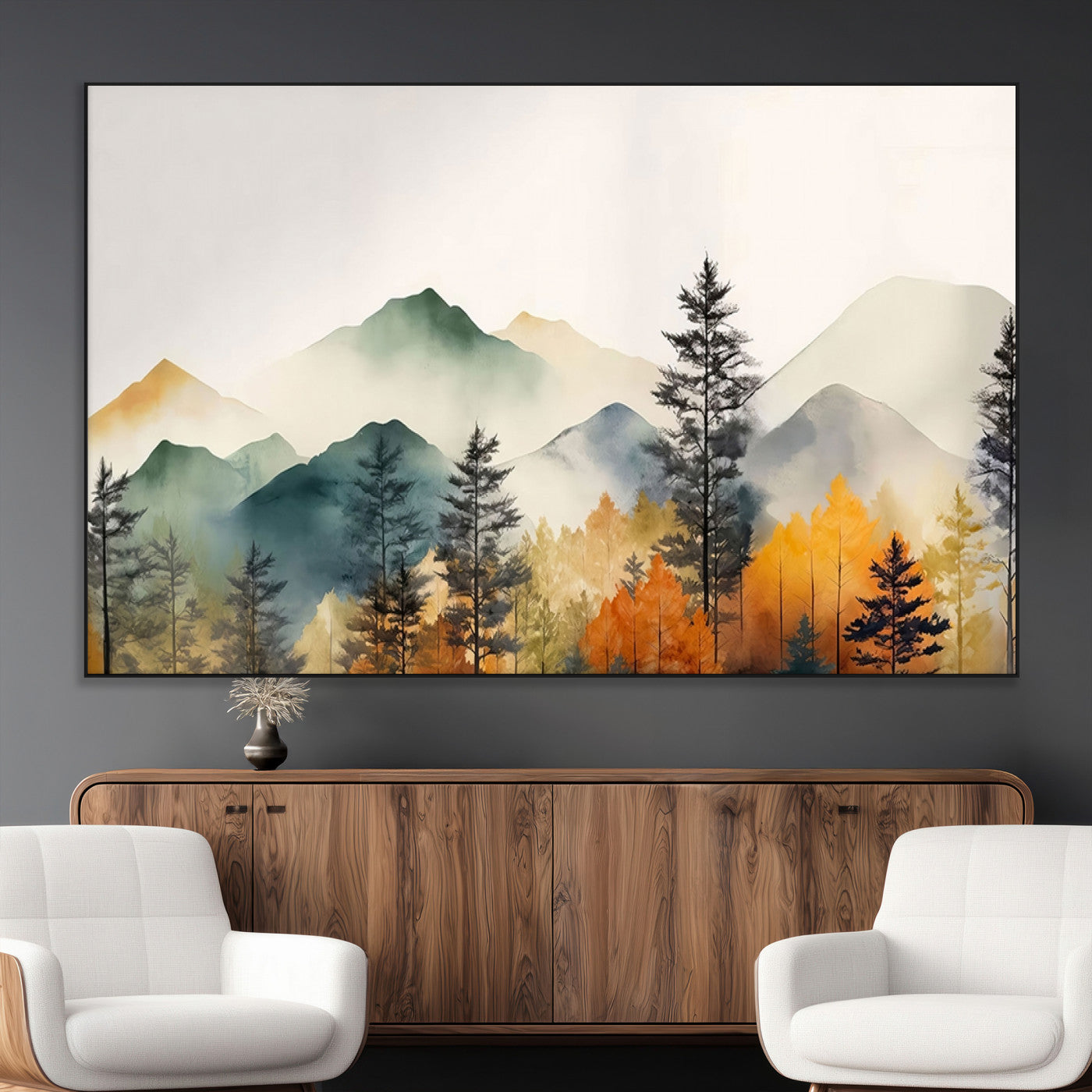 Abstract Watercolor Mountains and Trees Autumn Wall Art,